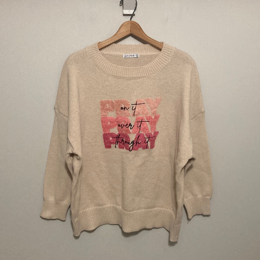 Pray on It Cozy Embellished Sweater, women’s size 2XL, Beige and Pink Oversized - Picture 2 of 11